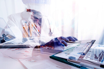 Medicine doctor using tablet with digital medical interface icons, Medical technology and network concept.