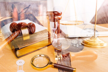 Fototapeta na wymiar justice and law concept.Male judge in a courtroom on wooden table and Counselor or Male lawyer working in office. Legal law, advice and justice concept.