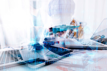 Medicine doctor using tablet with digital medical interface icons, Medical technology and network concept.