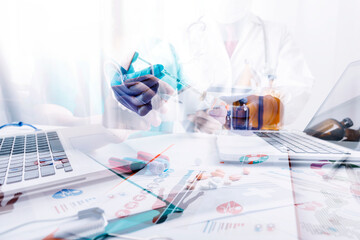 Medicine doctor using tablet with digital medical interface icons, Medical technology and network concept.