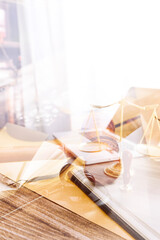 justice and law concept.Male judge in a courtroom on wooden table and Counselor or Male lawyer working in office. Legal law, advice and justice concept.