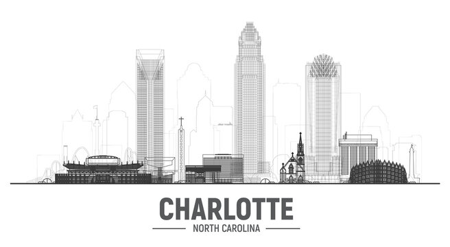 Charlotte ( North Carolina ) line skyline with silhouette at white background. Vector Illustration. Business travel and tourism concept with modern buildings.