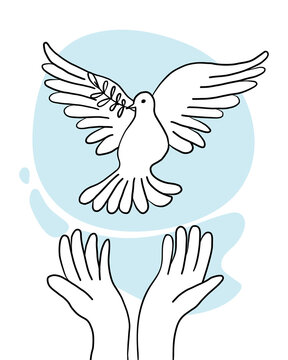 Hands release a flying pigeon with a branch . Dove of peace on a background of blue sky. Hand drawn line sketch. Bird symbol of hope, emblem against violence and military conflicts