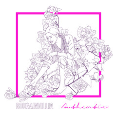  Flowers drawing line art concept. Woman Illustration.