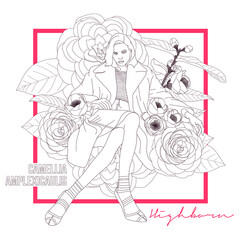  Flowers drawing line art concept. Woman Illustration.