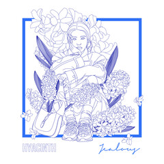  Flowers drawing line art concept. Woman Illustration.