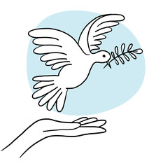 Hands release a flying pigeon with a branch . Dove of peace on a background of blue sky. Hand drawn line sketch. Bird symbol of hope, emblem against violence and military conflicts