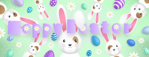 Obraz na płótnie Canvas Happy Easter purple text, with many cute white rabbits and many colored eggs and flowers all around on a green background