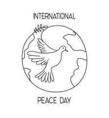 Flying pigeon with a branch . Dove of peace on the background of planet Earth. Hand drawn line sketch. Bird symbol of hope, emblem against violence and military conflicts. Vector illustration