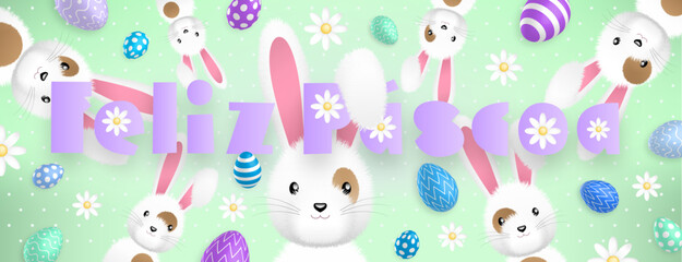 Spanish purple text : Feliz Pascoa, with many cute white rabbits and many colored eggs and flowers all around on a green background
