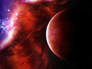 Exoplanet in deep space with colorful nebula. Cosmos with stars and planets. Abstract background. 