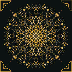 Lace round ornament. Gold luxury  indian ornamental mandala on black background. Geometric texture seamless background design. Napkin imitation. Vector illustration