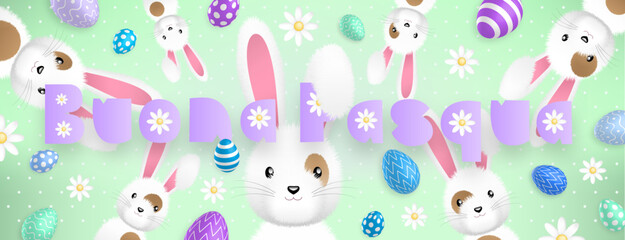 Italian purple text : Buona Pasqua, with many cute white rabbits and many colored eggs and flowers all around on a green background