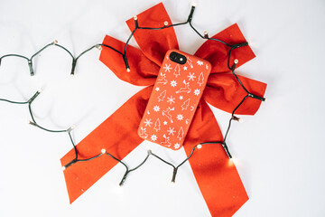 Closeup of Christmas ornaments on a phone case