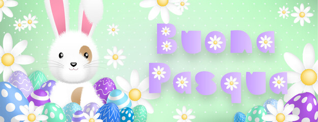 Italian purple text : Buona Pasqua, with a cute white rabbit behind colored eggs and flowers on a green background