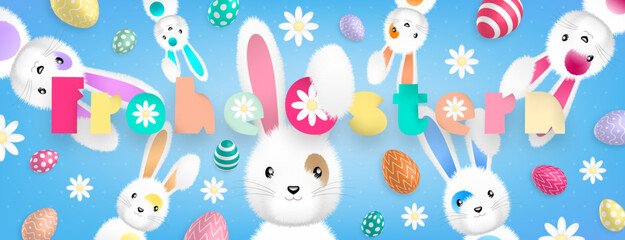 German text with sweet colors : Frohe Ostern, with many cute white rabbits and many colored eggs and flowers all around on a blue background