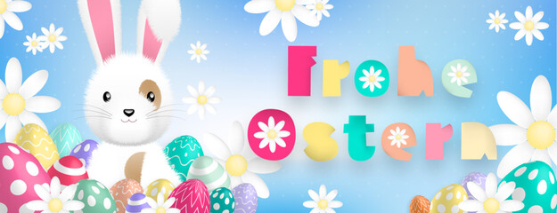 Obraz na płótnie Canvas German text with sweet colors : Frohe Ostern, with a cute white rabbit behind colored eggs and flowers on a blue background