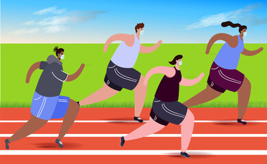 Running competition, group of runner running in the race track on Stadium. Cartoon Flat Vector Illustration