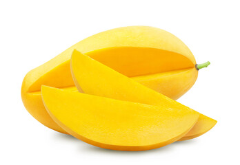 Fototapeta na wymiar Ripe yellow mango and two mango slices isolated. Fresh fruits.