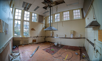 Old demolished building with debris, rubble, and waste