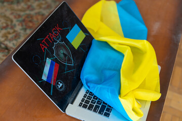 cyber attack with russian flag on ukraine, icons
