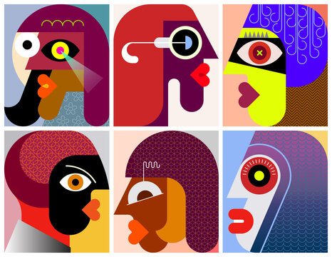Six different faces modern art grahic illustration. Design of six abstract portraits.
