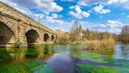 Roman stone bridge over the Tormes river in the monumental city of Salamanca.