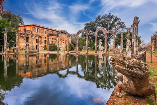 Tivoli, Italy - February 24, 24, 2022: The UNESCO World Heritage Site of Hadrian's Villa, the ancient vacation home to Emperor Hadrian.