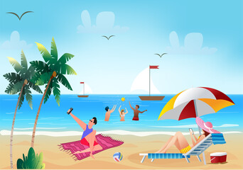 Fototapeta na wymiar A girl lying on the bench, using mobile phone relaxing at seaside. People playing volleyball in the beach and boy capturing selfie. Summer vacation on the beach holiday concept vector illustration