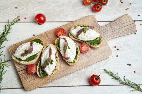 Bruschetta with tomato and basil, bruscetta with fish