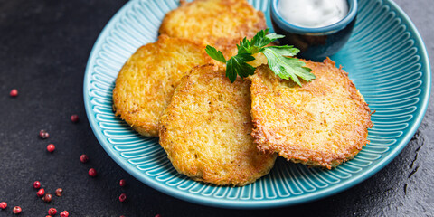 potato pancake hash brown vegetable draniki fritters pancakes fresh vegetarian food meal snack on the table copy space food background 