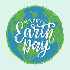 Happy Earth day typography poster as card, poster, banner. Earth day lettering on hand drawn illustration of planet Earth. Environmental and eco activism vector concept EPS 10