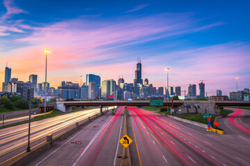 Chicago, IL, USA Downtown Cityscape Highways