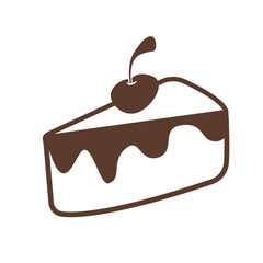 A piece of cake with a cherry. A simple vector illustration suitable for use as an icon or logo. Chocolate color.