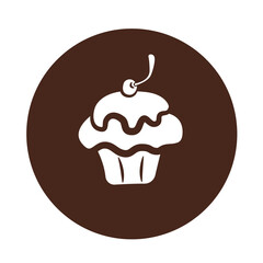 Cake with a cherry on a background in the form of a circle. A simple vector illustration suitable for use as an icon or logo. Chocolate color. Blank for the logo