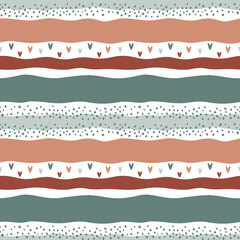 Cute striped seamless pattern with dots and hearts. Hand drawn repeating pattern