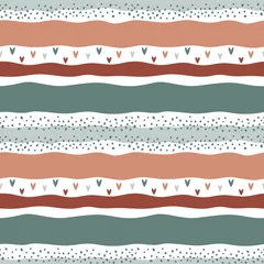 Tapeten Pastell Nettes gestreiftes nahtloses Muster mit Punkten und Herzen. Handgezeichnetes sich wiederholendes Muster