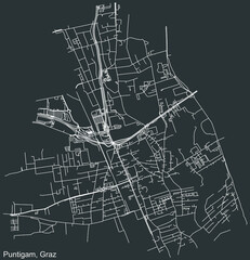 Detailed negative navigation white lines urban street roads map of the PUNTIGAM DISTRICT of the Austrian regional capital city of Graz, Austria on dark gray background