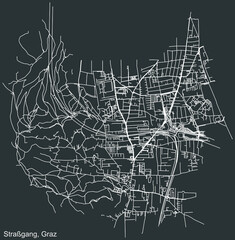 Detailed negative navigation white lines urban street roads map of the STRAßGANG DISTRICT of the Austrian regional capital city of Graz, Austria on dark gray background