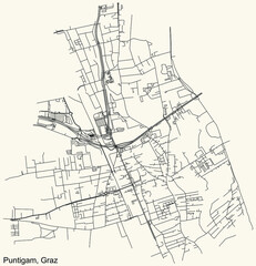 Detailed navigation black lines urban street roads map of the PUNTIGAM DISTRICT of the Austrian regional capital city of Graz, Austria on vintage beige background