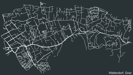 Detailed negative navigation white lines urban street roads map of the WALTENDORF DISTRICT of the Austrian regional capital city of Graz, Austria on dark gray background