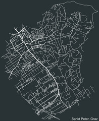 Detailed negative navigation white lines urban street roads map of the ST. PETER DISTRICT of the Austrian regional capital city of Graz, Austria on dark gray background