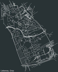 Detailed negative navigation white lines urban street roads map of the LIEBENAU DISTRICT of the Austrian regional capital city of Graz, Austria on dark gray background