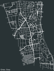 Detailed negative navigation white lines urban street roads map of the GRIES DISTRICT of the Austrian regional capital city of Graz, Austria on dark gray background