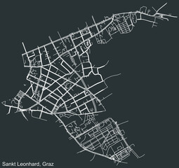 Detailed negative navigation white lines urban street roads map of the ST. LEONHARD DISTRICT of the Austrian regional capital city of Graz, Austria on dark gray background