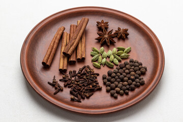 Dry spices on a ceramic plate.
