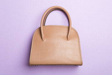 Fashionable woman bag on color background. Top view