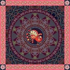 Beautiful ornament in ethnic style with cute fairytale peacock and rich paisley and flowers ornament on dark background. A wonderful pattern for a scarf, pillow, carpet, napkin. Indian motives.