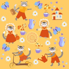 Cute cartoon cats in costumes, birds, butterflies, funny houses, jugs and cups of milk, flowers, sun, isolated on a warm yellow-orange background. Seamless print for fabric, wallpaper for kids. Vector