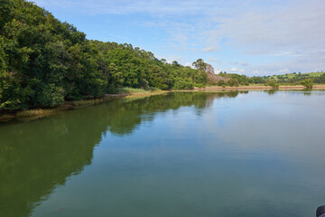 A river with vegetation along its banks under a cloudy sky